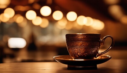 A vintage decorative cup sits on a wooden surface, exuding elegance against a bokeh light backdrop. - Powered by Adobe