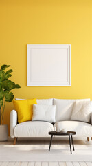 A sleek modern living room with vibrant yellow walls, a minimalist white sofa, and a blank white frame mockup on the wall.