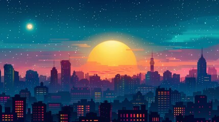 Cityscape flat design top view nightlife theme cartoon drawing Analogous Color Scheme