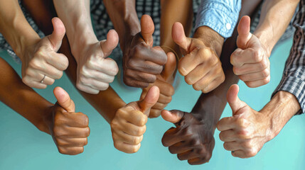 Fototapeta premium a group of people of different races and ethnicities giving thumbs up. 