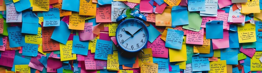 Wall of colorful sticky notes with text, blue clock in the center, in the style of blue clock.
