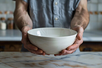 A man holding a pottery bowl close-up