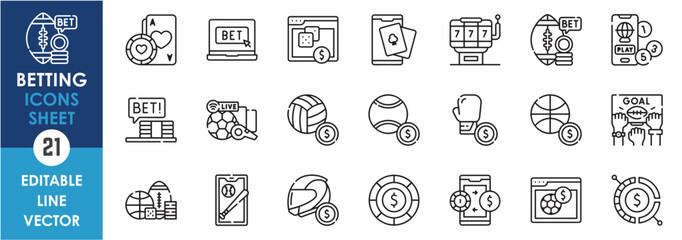 A set of line icons related to betting. Sports betting, gambling, live sports, mobile games, exchange and so on. Vector outline icons with sports betting.