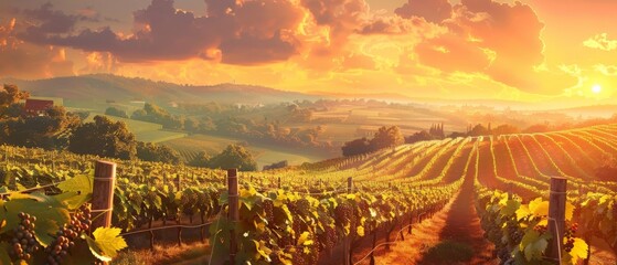 The setting sun casts a golden glow over a lush vineyard.