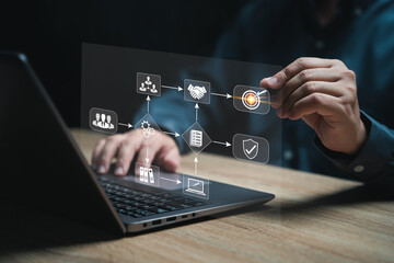 Business management workflow concept, Businessman use laptop making workflow chart, Company organize business flow chart management, Success in the organization, Goal setting, Best management system