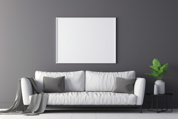 A sleek, monochromatic living room in shades of charcoal, featuring a minimalist sofa and an empty white frame mockup on the wall.