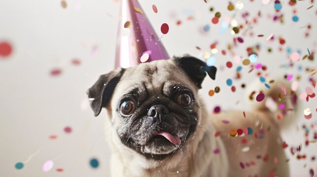 Cute pug wearing a party hat and surrounded by colorful confetti on a white background