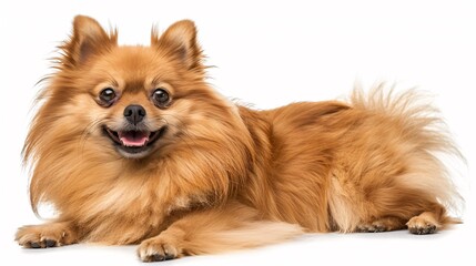 Fluffy Pomeranian smiling and posing on a white background