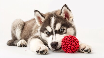 Playful husky puppy chewing on a toy on a white background