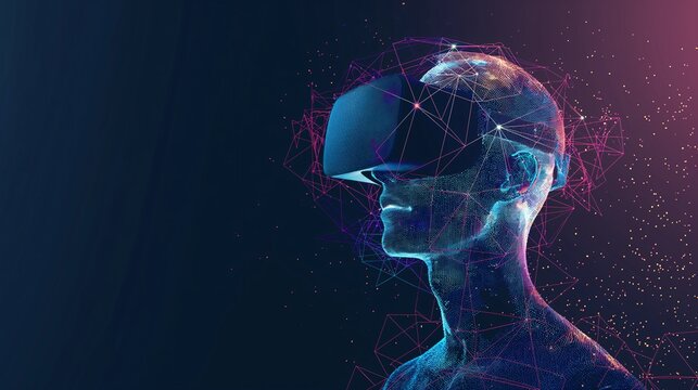 glow polygon of a man wearing virtual reality(VR) with copy space