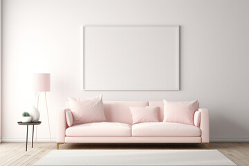 A sleek, monochromatic living room in shades of pale pink, featuring a minimalist sofa and an empty white frame mockup on the wall.
