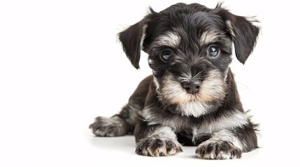 Cute schnauzer puppy with a curious look on a white background