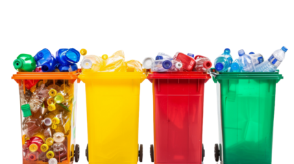 Several trash cans lined up in a row, each overflowing with plastic bottles, contributing to environmental pollution and waste accumulation