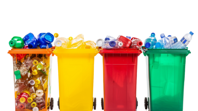 Several trash cans lined up in a row, each overflowing with plastic bottles, contributing to environmental pollution and waste accumulation