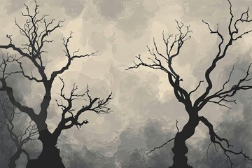 Illustrated eerie tenebrous trees without leaves. Spooky forest backdrop