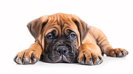 Obraz premium Playful mastiff puppy with big paws on a white background