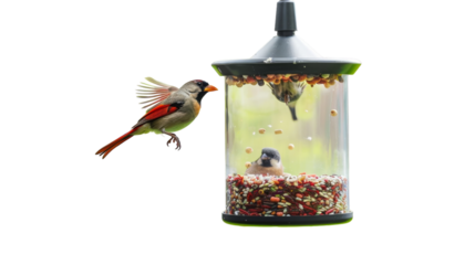 A bird in flight near a bird feeder in a backyard setting