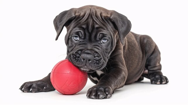 Lively cane corso puppy playing with a ball on a white background
