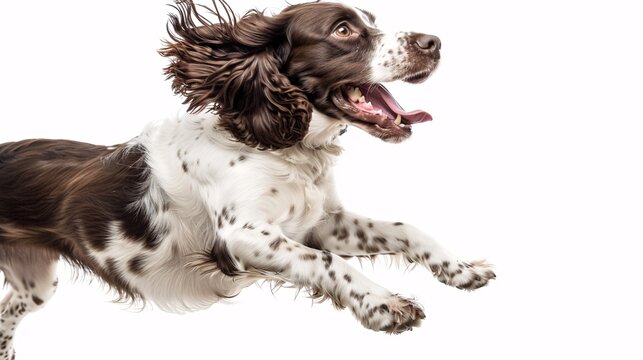Cheerful springer spaniel jumping for joy on a white background