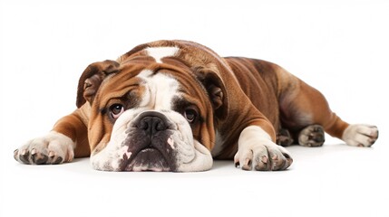 Fototapeta premium Affectionate English bulldog lying on its belly on a white background