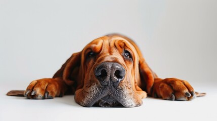Silly bloodhound with a goofy expression on a white background