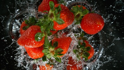 Fresh pieces of strawberries falling into water, top down view, black background