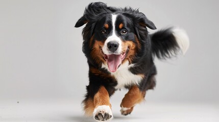 Lively Bernese mountain dog running towards the camera on a white background