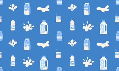 Seamless pattern with Milk. Milk in different packages, cardboard, bottle, milk box. Dairy drops and splash.World milk day. 1 June. National dairy month. Vector illustration in flat hand drawn style
