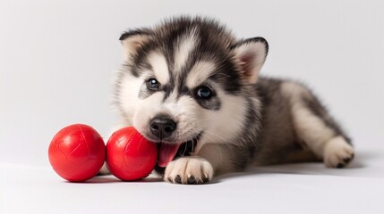 Fototapeta premium Playful malamute puppy chewing on a toy on a white background