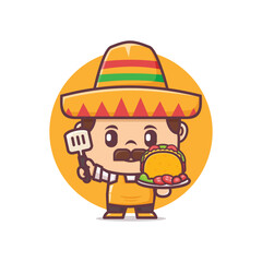 cute Mexican man with taco, vector illustration for culinary industry