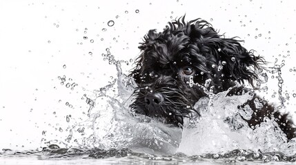 Playful Portuguese water dog splashing water on a white background - Powered by Adobe