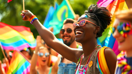 Obraz premium City street with rainbow flags and crowd. LGBTQ concept.