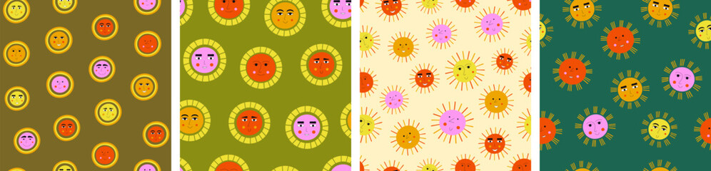 Fototapeta premium Four seamless patterns pack, optimistic suns. Repeating background, summer sunrise, surface design for branding.