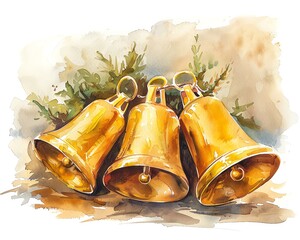 gold bells, jingling gold bells ,Watercolor illustration clipart,single object isolated on white background,Watercolor illustrations, Hand drawn painting