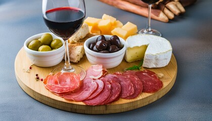 Mediterranean starter wooden board, cold cuts, sausages and cheese with red wine