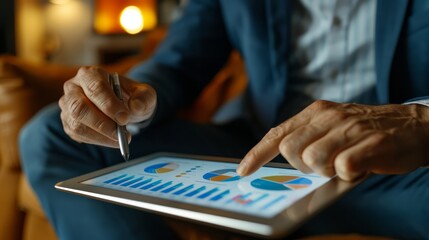 Professional financial counselor analyzing charts and graphs on a digital tablet, showcasing expertise in accounting and finance.