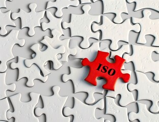 Fototapeta premium A white jigsaw puzzle with one red piece with the text ISO