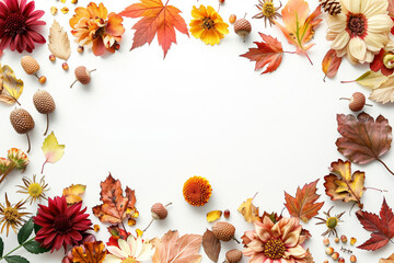autumn composition made of dry leaves, acorns and berries on a white background.
Fall still life, seasonal decor arrangement, harvest festival display, natural border frame with copy space