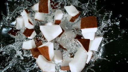 Fresh coconut pieces falling into water, top down view
