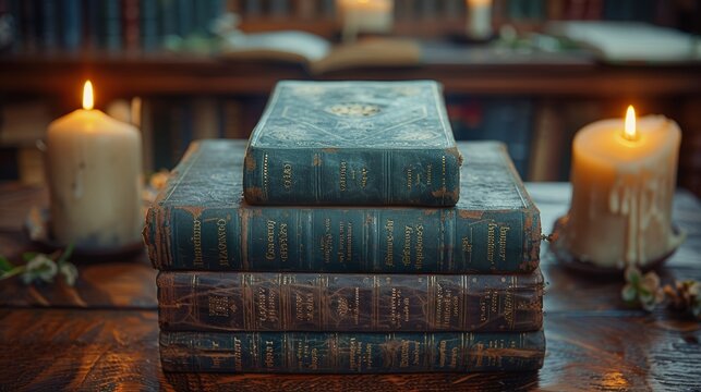 Vintage Book Collection of H.P. Lovecraft Stories Illuminated by Atmospheric Candlelight.