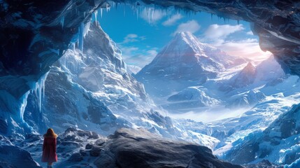 A girl standing at the entrance of the majestic Big Four Ice Caves, gazing in awe at the towering ice formations glistening in the sunlight. 