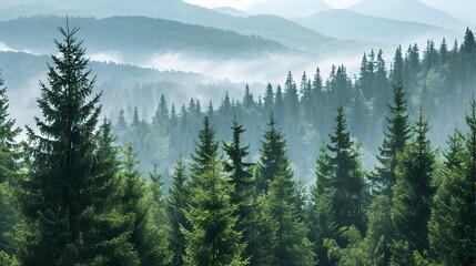 Fototapeta premium Misty Evergreen Forest in Mountainous Wilderness Landscape