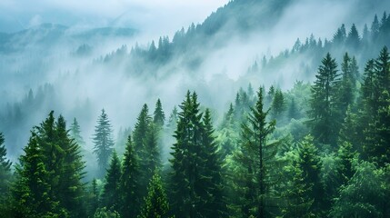 Misty Coniferous Forest Landscape in Mountain Valley