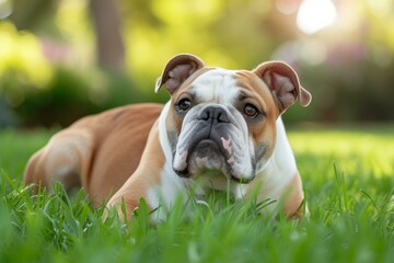 Fototapeta premium Peaceful english bulldog relaxing in a sunny garden, surrounded by fresh greenery