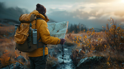 Explorer s Journey: Photo Realistic Backpacker Navigation on Trail   High Resolution Image Capturing Adventure and Exploration Spirit in Backpacking Concept