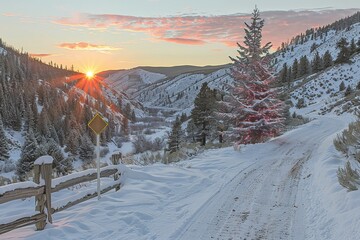 Sun Setting on Snowy Mountain Road