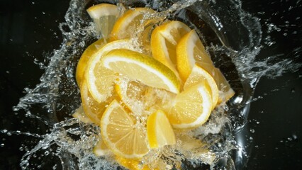 Fresh lemon pieces falling into water, top down view