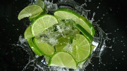 Fresh limes pieces falling into water, top down view