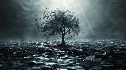 A leafless tree with dark shadows and torn banknotes around, representing financial downfall, highresolution, clear and bleak, sharp and professional image.