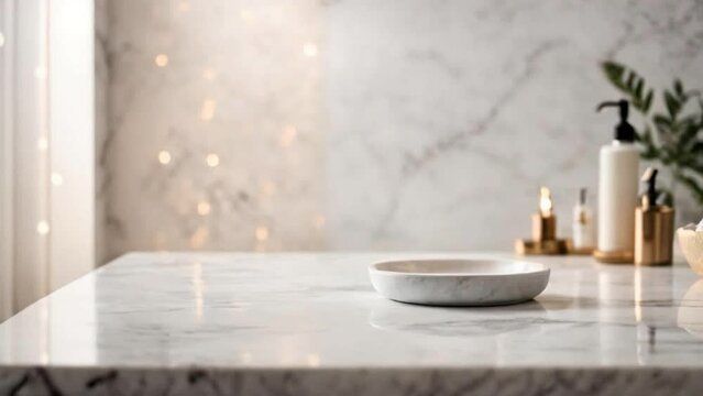 Animation of blank white table top for copy space 3d render decorated with glass candle holders with flames. cotton towel and a potted plant with a blurry bathroom background.